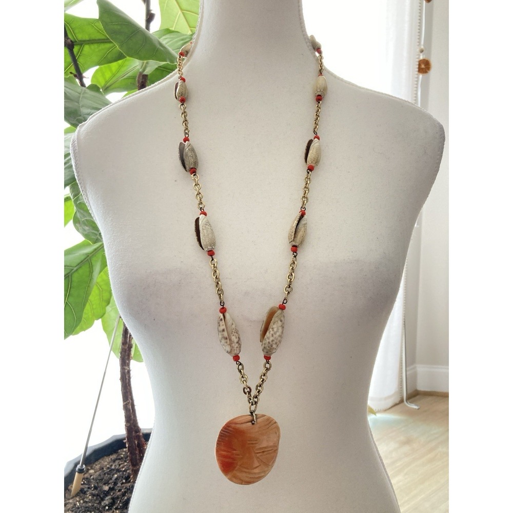 Beachy Cowrie Shell Necklace Gold Tone Chain Orange Resin Pendant Boho Coastal